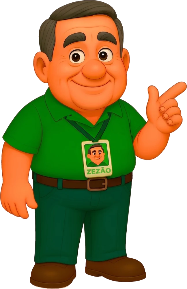 Zezão, o mascote do posto, apontando para o lado
